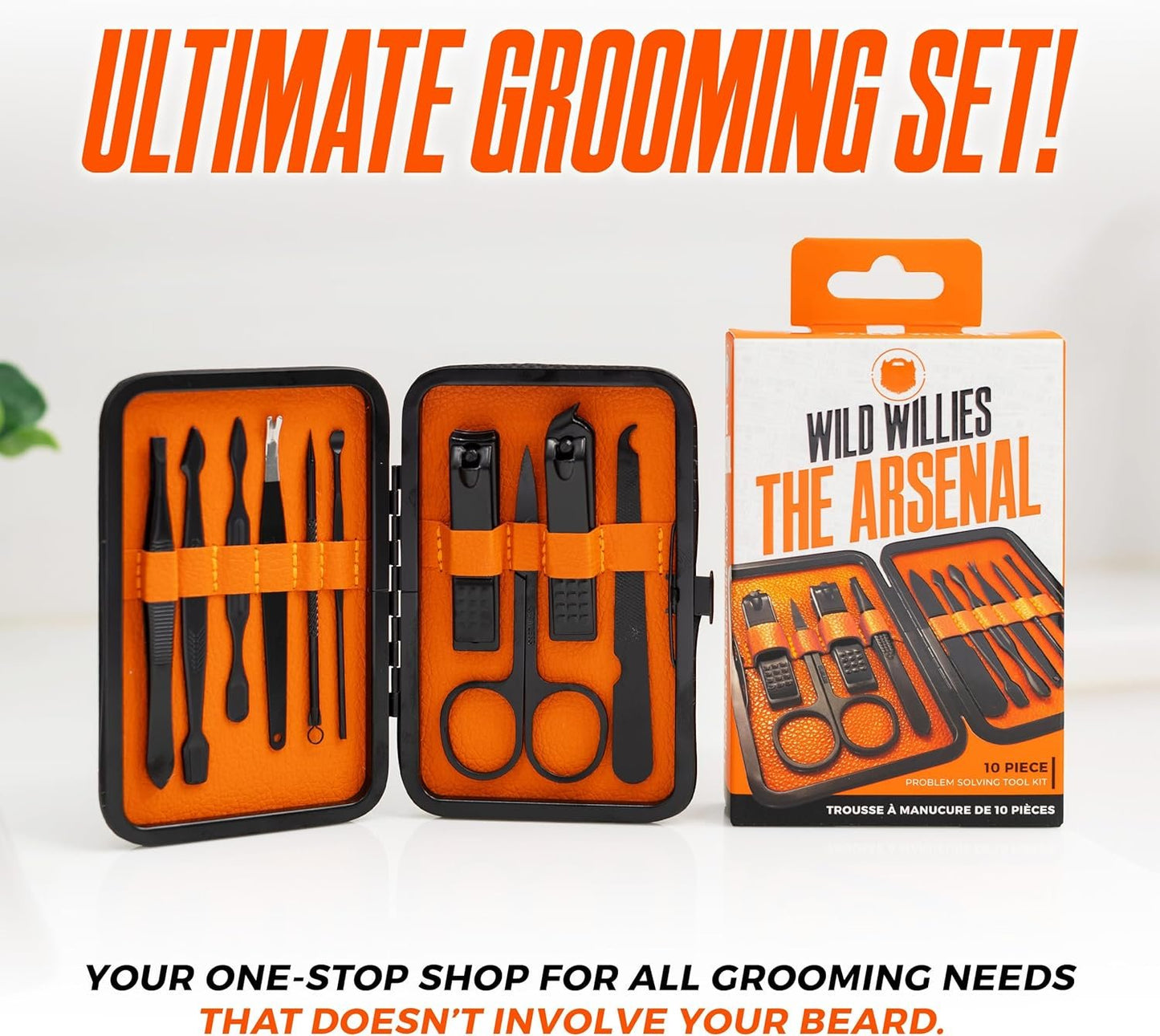 Wild Willies Mens Grooming Kit - 10-Piece Multifunctional Pedicure & Manicure Kit for Women & Men - Personal Hygiene Kit includes Tweezers & Nail Clipper Set, Scissors, Scraping Tool, & More