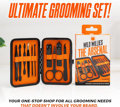 Wild Willies Mens Grooming Kit - 10-Piece Multifunctional Pedicure & Manicure Kit for Women & Men - Personal Hygiene Kit includes Tweezers & Nail Clipper Set, Scissors, Scraping Tool, & More