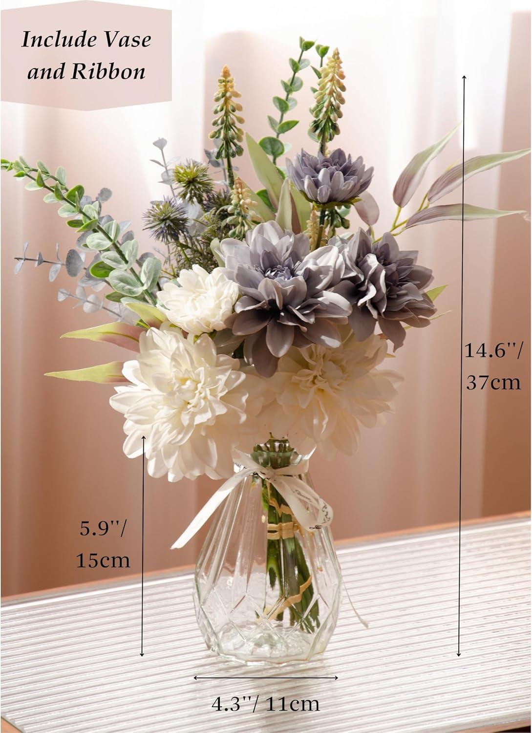 PERFNIQUE Fake Flowers with Vase, Silk Dahlia Faux Flowers in Vase, Artificial Flowers Bouquet for Home Decor, Floral Arrangement for Dining Table Centerpiece, Boho Flower Decor (White and Blue)