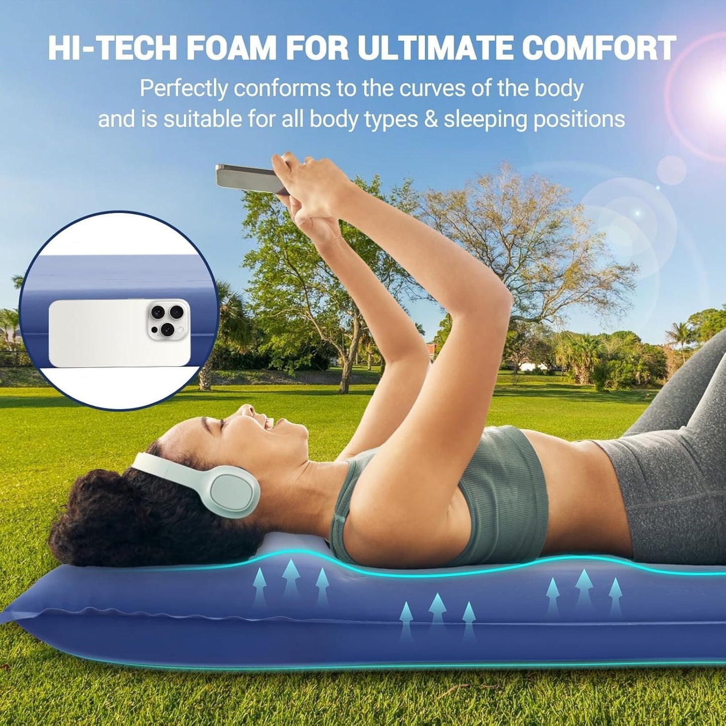 Sleeping Mats for Camping,Elegear Memory Foam Camping Mattress Built-in Electric Pump 3.1inch,Foldable Travel Cot Mattress R-Value 9.5 Foam Sleeping Pad Double Floor Mattress with Pillow,Blue