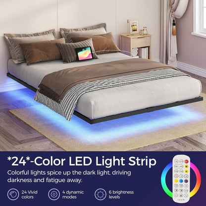 MAHANCRIS Full Size Floating Bed Frame, Metal Platform Bed with Power Strip and LED Strip, Metal Bed Frame with Storage Box, Soundless, No Box Springs Needed, Black