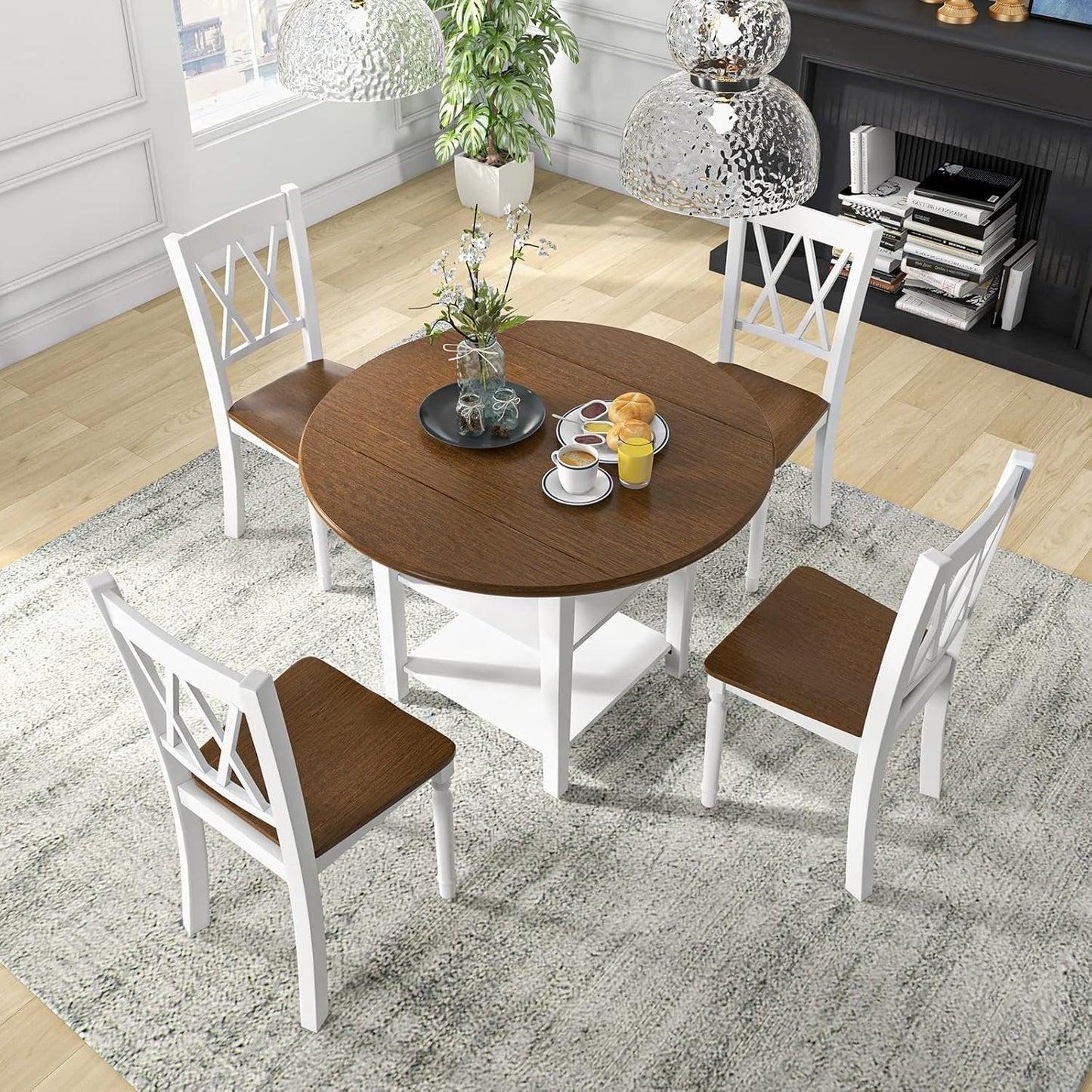 Giantex 42.5 Inches Round Dining Table, Drop Leaf Kitchen Table with Storage Shelves, Expandable Tabletop for Small Space, Dining Room, Living Room, Dinner Table for 4