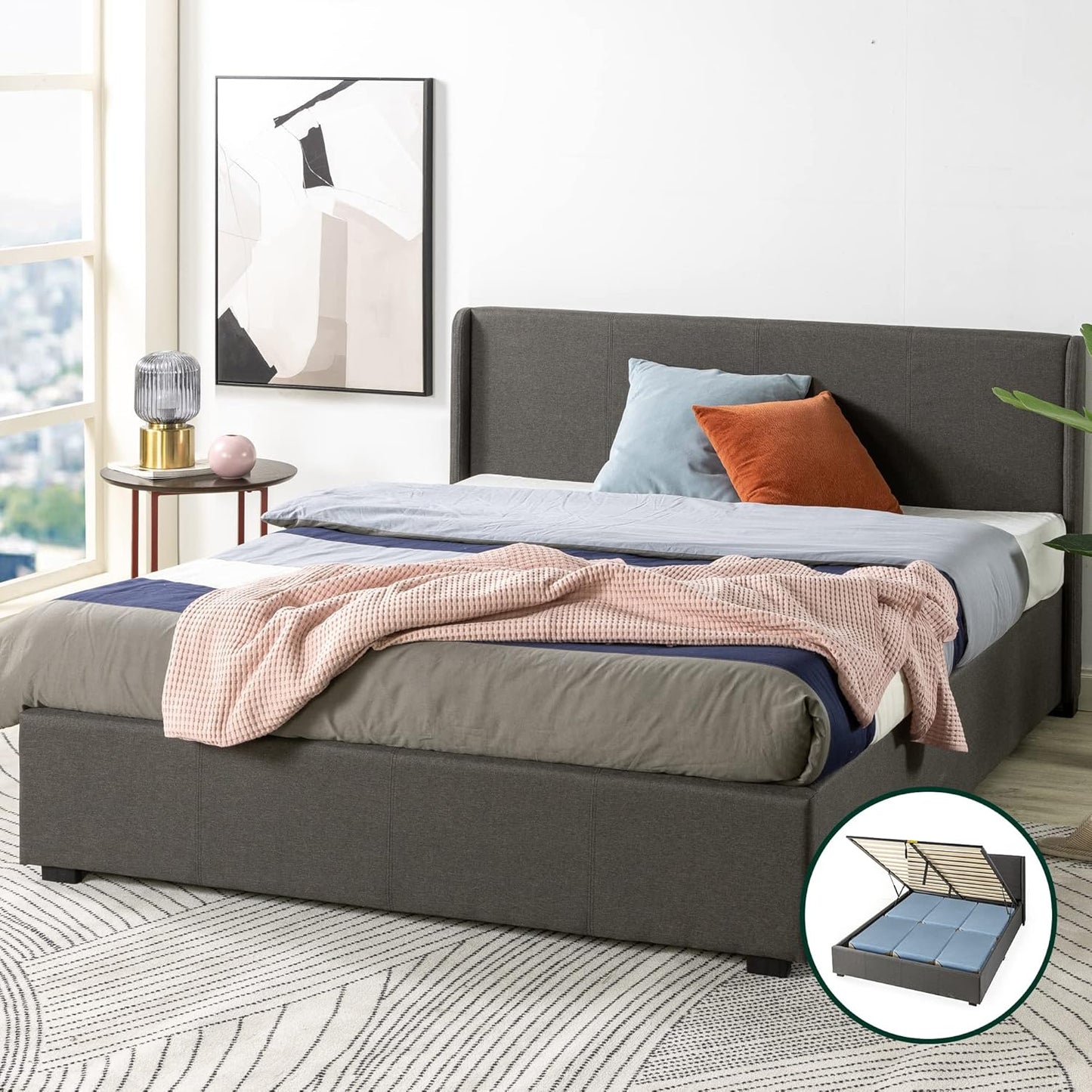 Double Bed Frame, Zinus Fabric Upholstered Bed Base with Gas Lift Storage, Dark Grey, Bedroom Furniture