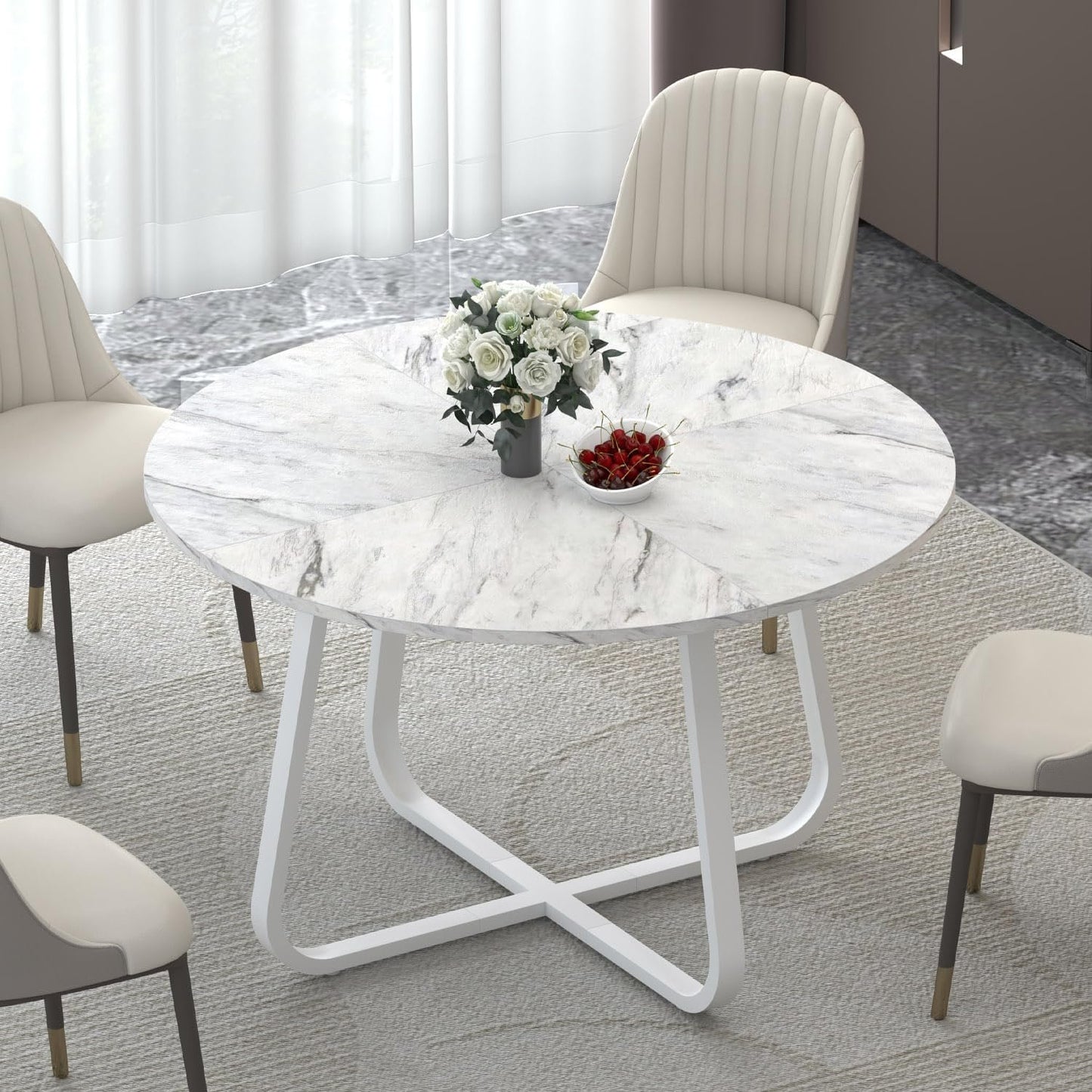 LVB White Faux Marble Round Dining Table, Circle Dining Table Kitchen 4-6 People, Mid-Century Pedestal Dinner Office Living Room, White Marble, 51 Inch