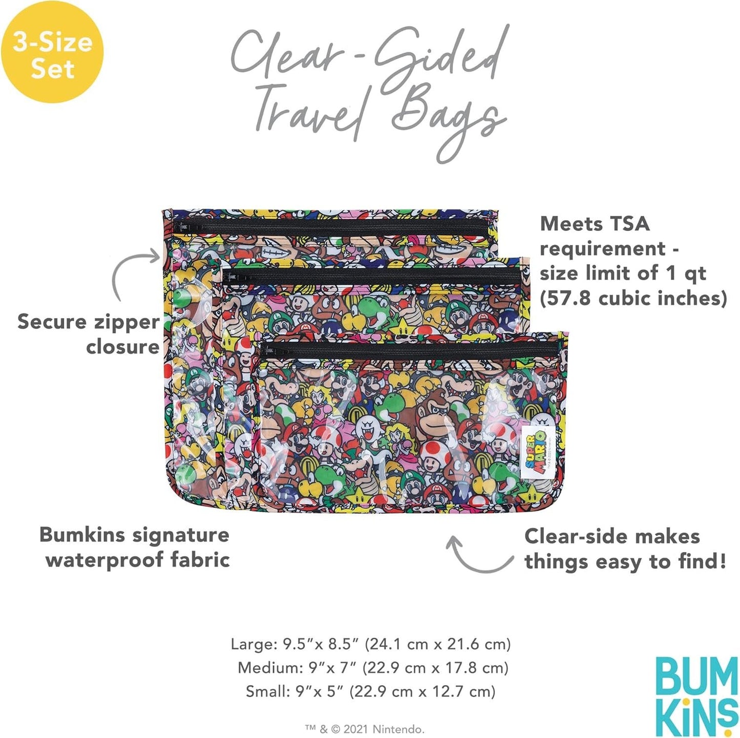 Bumkins Travel Bag, Toiletry, TSA Approved Pouch, Zip Bag, Quart Size Airline Compliant, Clear-Sided, Baby, Diaper Bag Organization, Makeup, Accessories, Packing, Set of 3 Sizes, Nintendo Super Mario