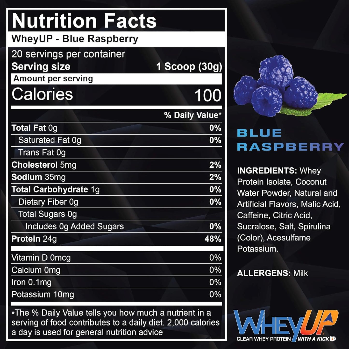 Clear Whey Isolate Protein Powder, Blue Raspberry, 150mg Caffeine + 24g Protein - 20 Servings - 5.5g BCAA'S - 100 Cal. - Sugar Free - 500mg Coconut Water for Hydration - Pre-Post Workout Drink