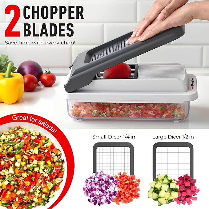 Mueller Vegetable Chopper Mandoline Slicer, Food Veggie Chopper, Cheese Grater, Onion Vegetable Cutter with Container, Dicer, Kitchen Gadgets & Essentials, White Sand/Grey