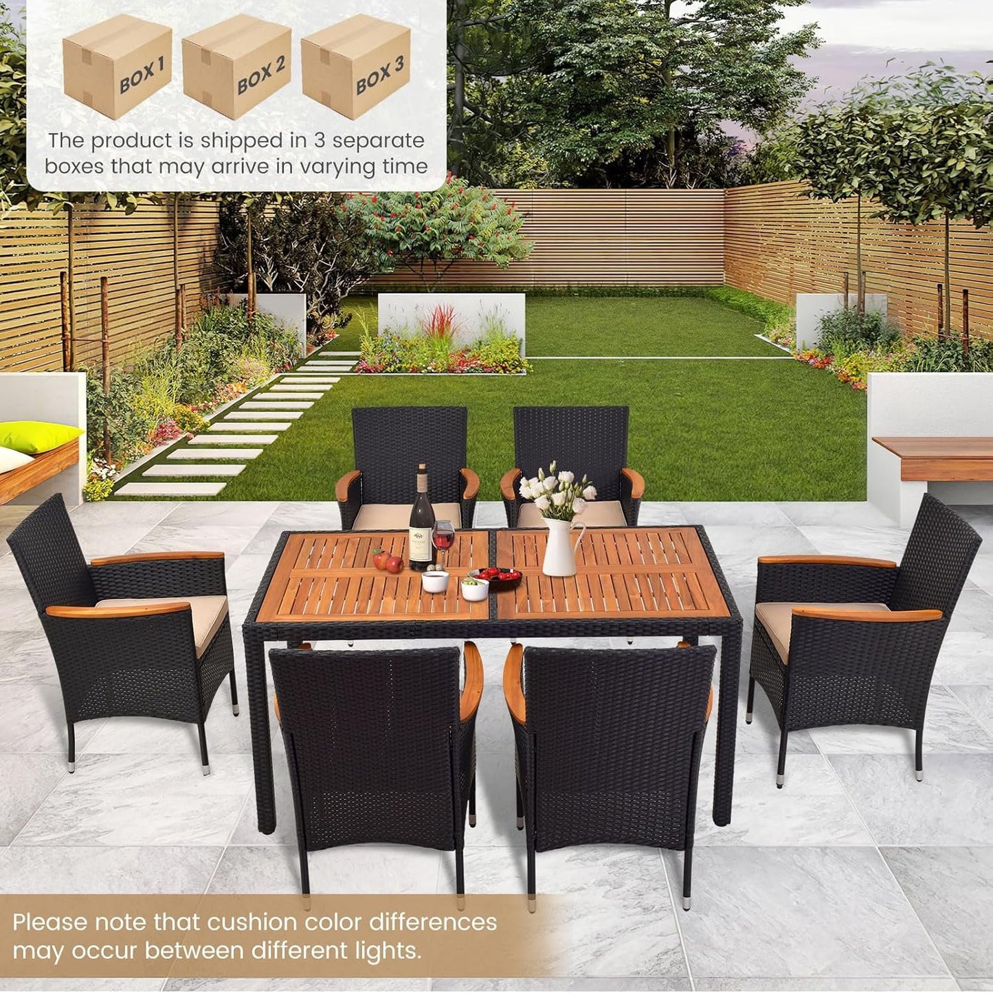 ORALNER 7 Pieces Outdoor Dining Set, Wicker Dining Table and Chairs Set with Acacia Wood Table Top, Seat Cushions, Rattan Patio Dining Table Set for 6, Garden Yard Poolside Deck, Brown