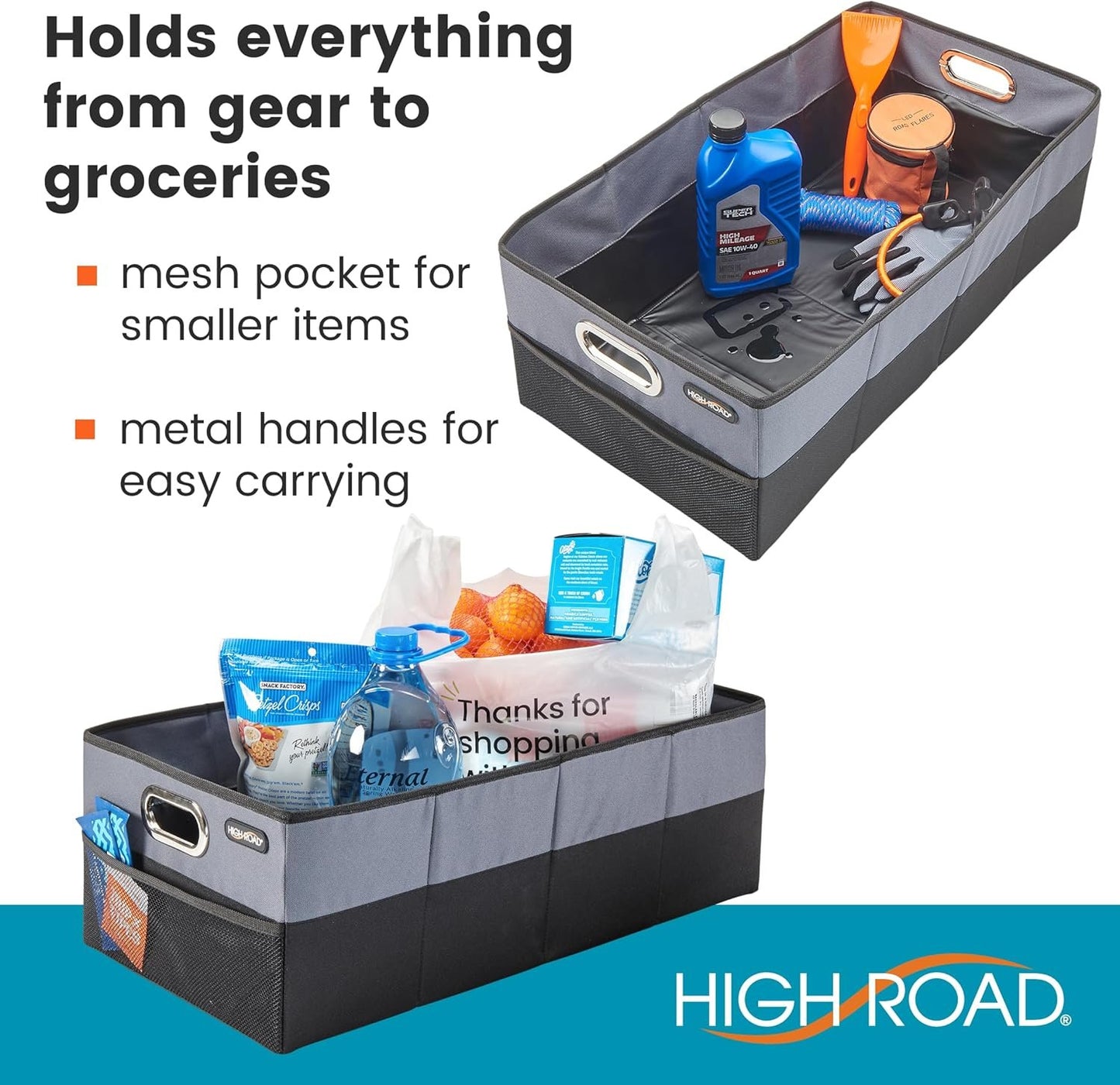 High Road CargoCube Car Storage Bin - Leakproof Car Trunk Storage Organizer with Metal Handles and Front Mesh Pocket, 12x24 Inches - Single pack