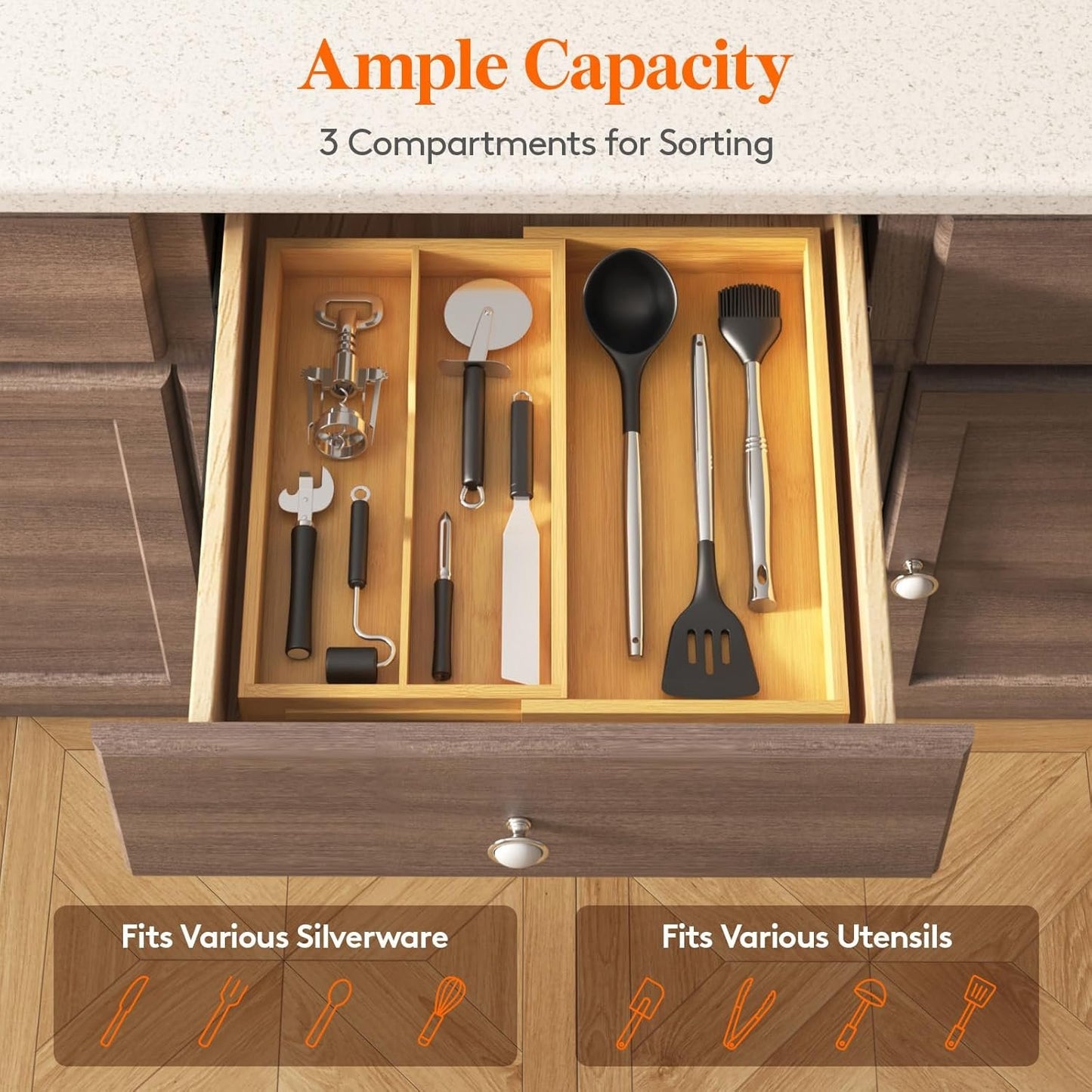Lifewit Utensil Drawer Organizer, Expendable Cooking Silverware Tray for Kitchen Drawer, Bamboo Adjustable Cutlery Flatware Holder, Spatula Tools and Gadgets Storage Divider, 3 Compartments, Natural