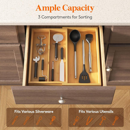 Lifewit Utensil Drawer Organizer, Expendable Cooking Silverware Tray for Kitchen Drawer, Bamboo Adjustable Cutlery Flatware Holder, Spatula Tools and Gadgets Storage Divider, 3 Compartments, Natural