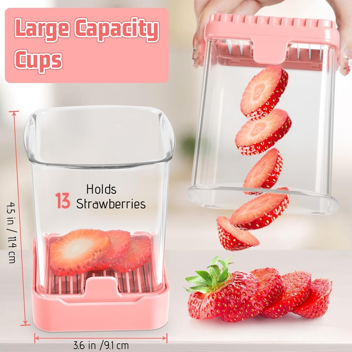 Fruit & Veggie Slicer Cup - Removable Blades & Food Push Plate - Strawberry, Banana, Egg & Grape Cutter - Safe & Portable Kitchen Slicing Tool for Easy Food Prep (Pink)