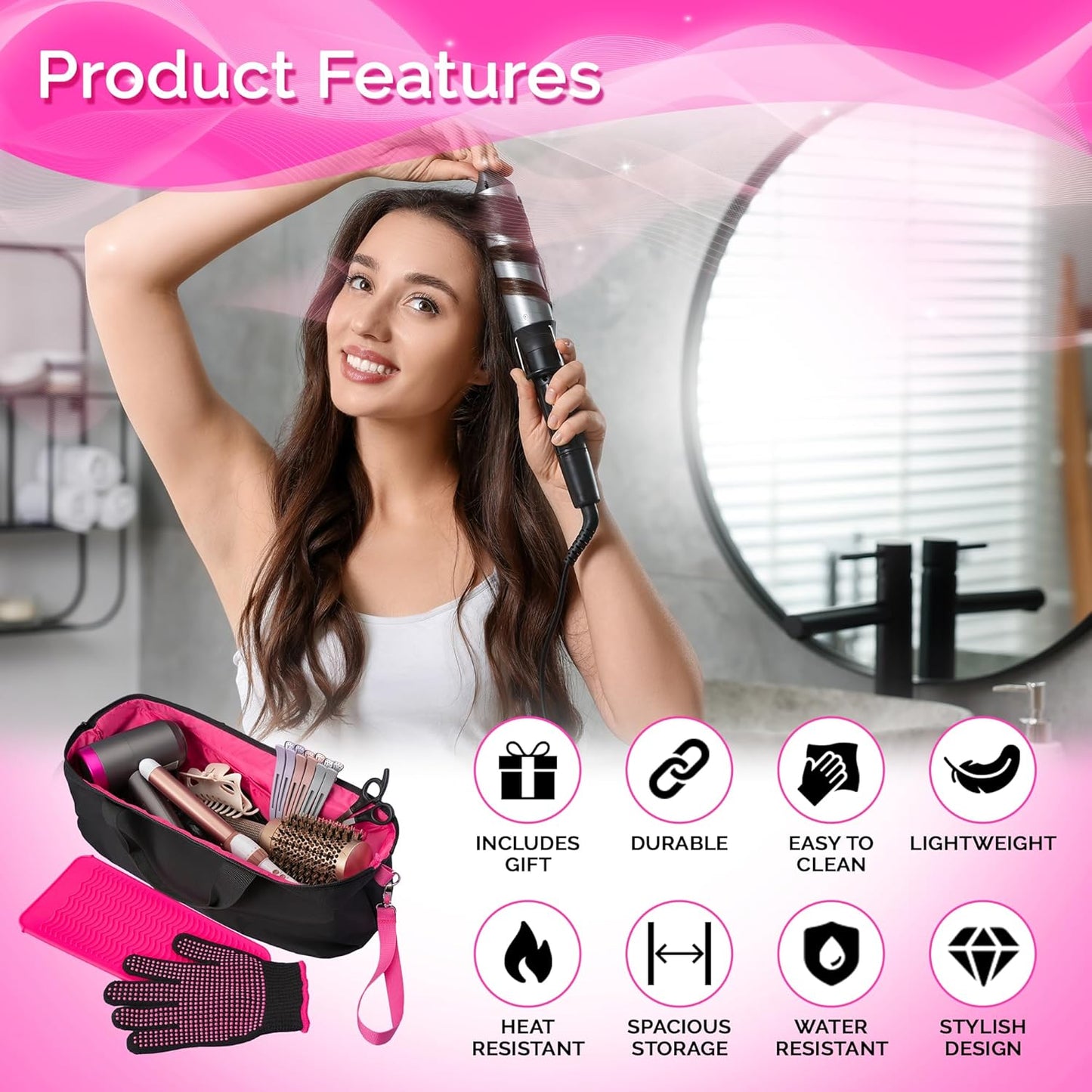 Hair Tool Travel Bag with Heat Resistant Mat for Flat Iron, Straighteners, Curling Iron, Makeup, Toiletries & Haircare Accessories, Portable Hot Tools Organizer with Silicone Mat & Glove