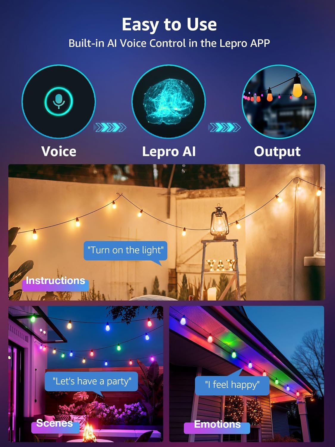 Lepro ZB1 AI Smart String Lights APP Control, 54ft RGB+IC+Warm White Patio Lights 15 LED Bulbs, Alexa Google Enabled Outdoor Lights, AI Generated Lighting LLM, Music Sync, 2.4 GHz WiFi + Bluetooth