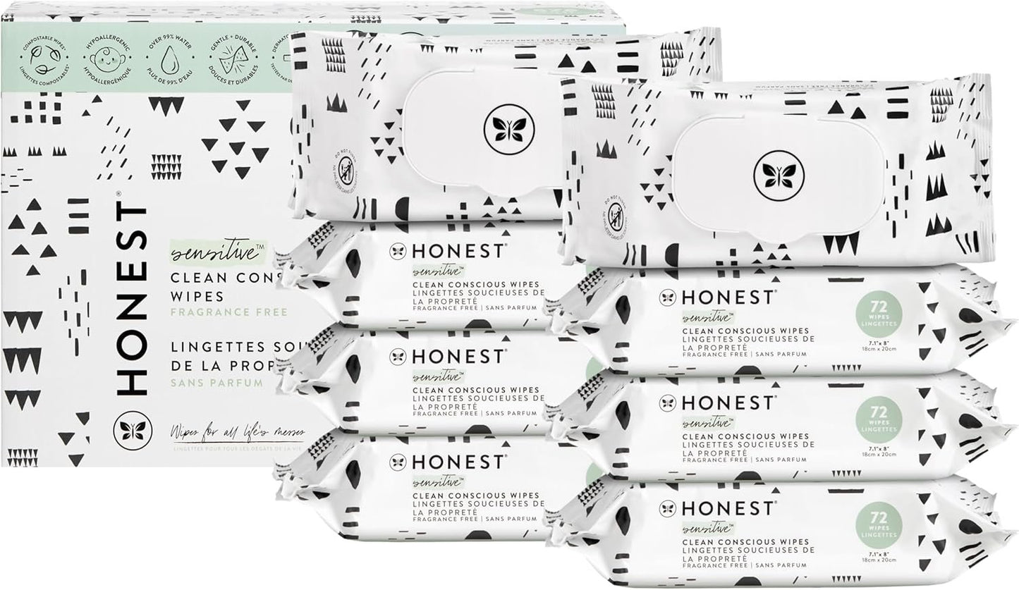 The Honest Company Clean Conscious Unscented Wipes | Over 99% Water, Compostable, Plant-Based, Baby Wipes | Hypoallergenic for Sensitive Skin, EWG Verified | Pattern Play, 576 Count