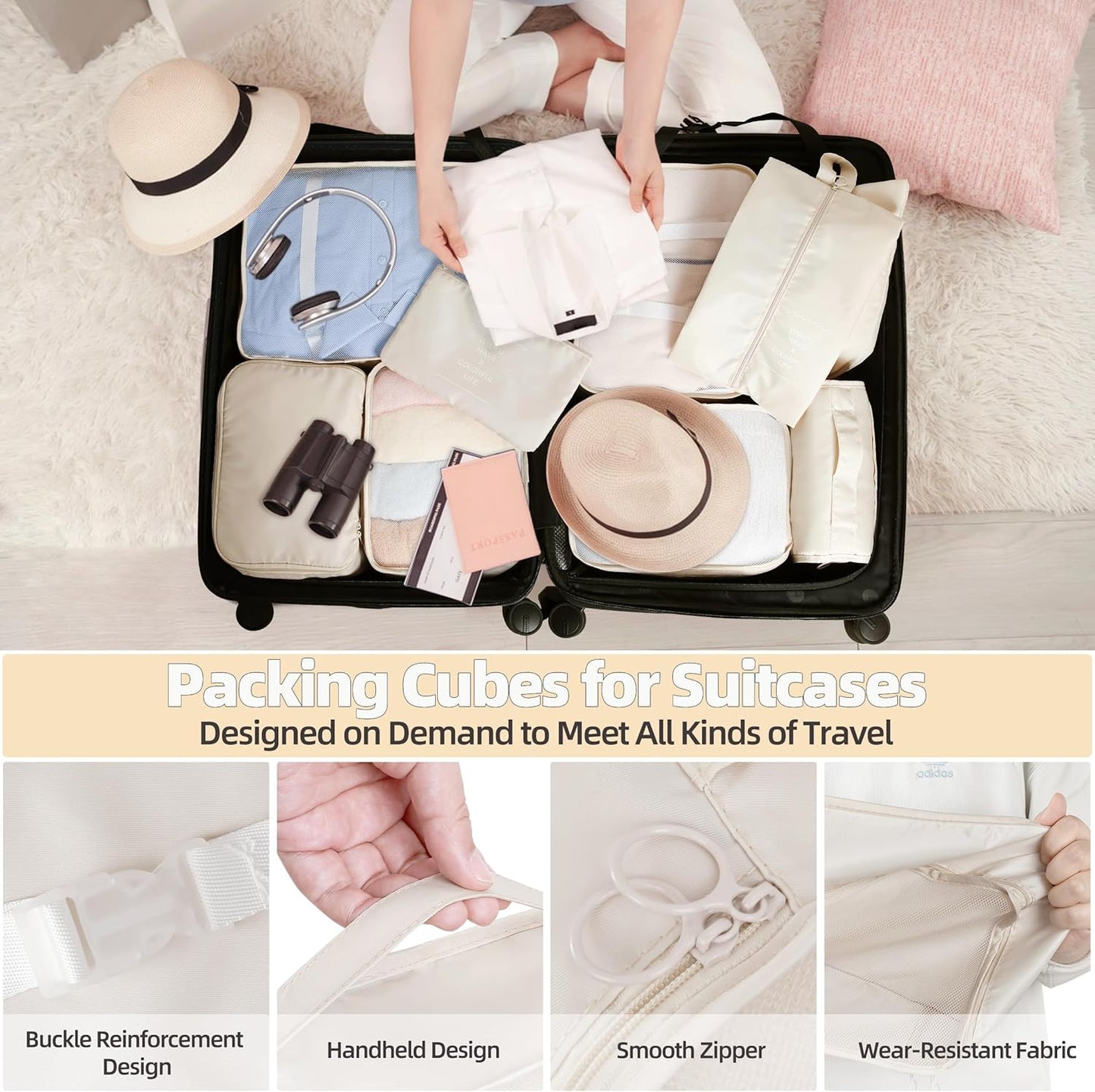 10 Pcs Set Packing Cubes - Travel Packing Organizers, Expandable Suitcase Organizer, Luggage Organizer Bags, BEIGE, Large