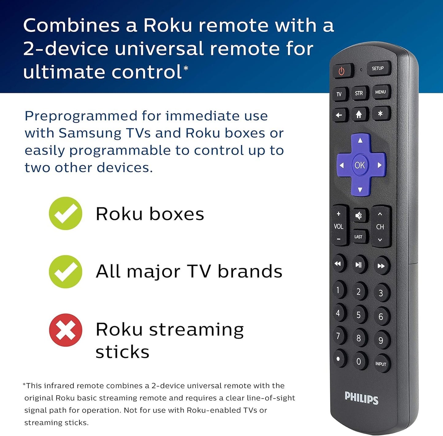 Universal Remote Control by Philips, Roku Replacement Remote, Compatible with Samsung, Smart TVs, 2 Device, Black, SRP6320R/27