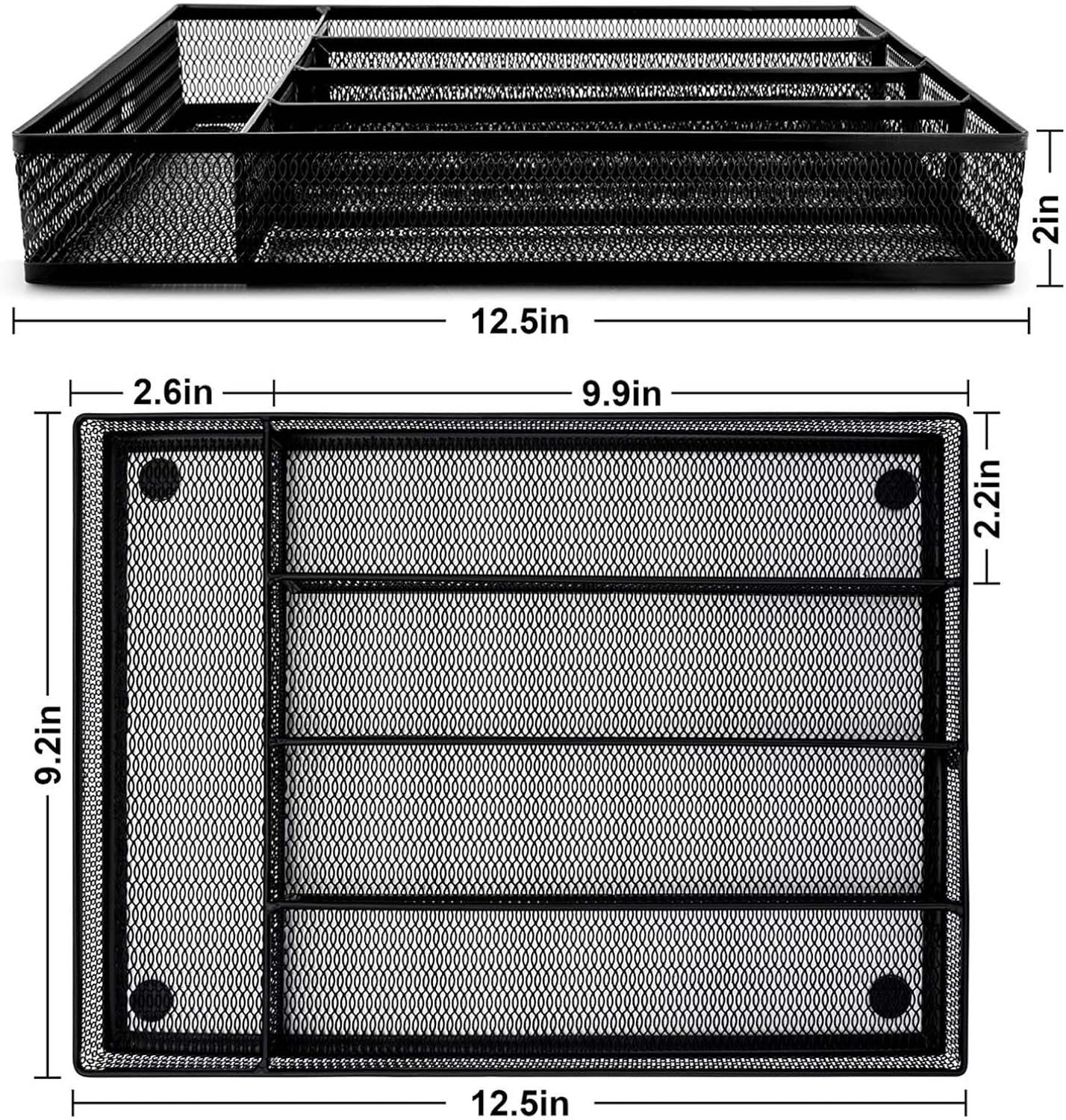 HaWare Utensil Drawer Organizer, Mesh Wire Silverware Organizer Divider for Kitchen, Stainless Steel Cutlery Flatware Storage Tray with Non-Slip Foam Feet, 5 Compartment, 12.5 x 9.2Inch, Black