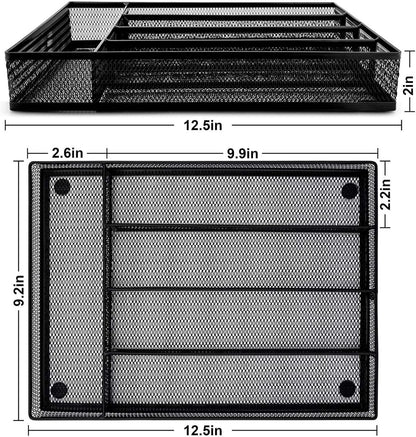 HaWare Utensil Drawer Organizer, Mesh Wire Silverware Organizer Divider for Kitchen, Stainless Steel Cutlery Flatware Storage Tray with Non-Slip Foam Feet, 5 Compartment, 12.5 x 9.2Inch, Black