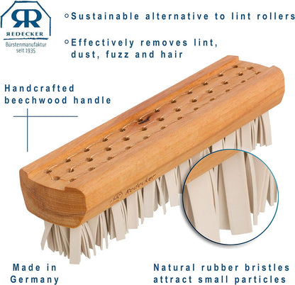 Redecker Natural Lint Brush with Oiled Beechwood, 7-1/4 inches, Easy to Clean Rubber Bristles Effectively Attract and Trap Hair, Made in Germany