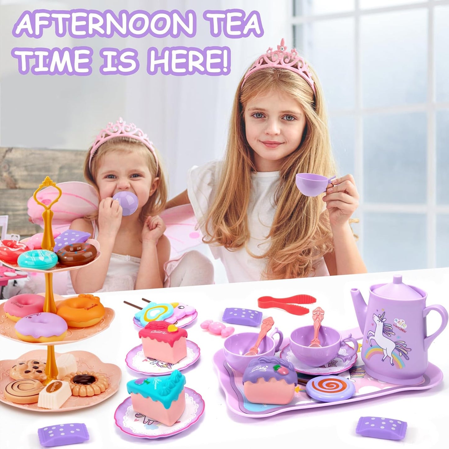Astraio Unicorn Tea Party Set, 44PCS Pretend Plastic Teapot Set with Dessert, Carrying Case for Little Girls Age 3-12