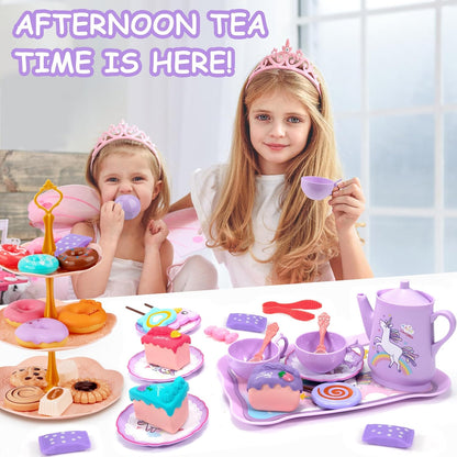 Astraio Unicorn Tea Party Set, 44PCS Pretend Plastic Teapot Set with Dessert, Carrying Case for Little Girls Age 3-12