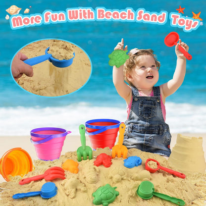 Sand Beach Toys for Kids, 3PCS Collapsible Sand Bucket, Shovel Set, Animal Molds with Big Mesh Bag, Travel Toys forToddlers Boys Girls Outdoor Beach Play Camping Bath Pool Water Play-14PCS
