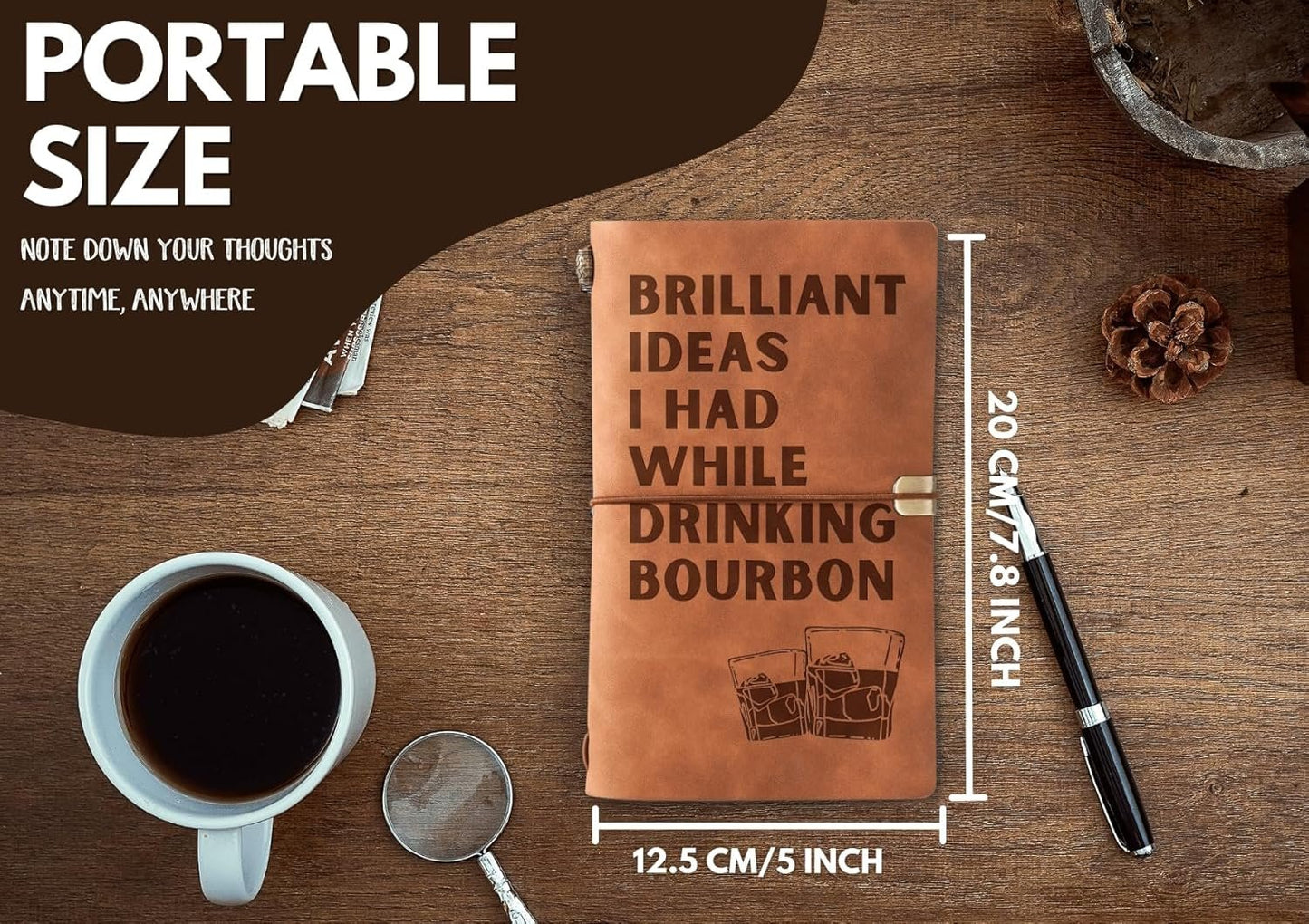 Bourbon gifts Leather Journal Notebook with Pen, for Whiskey Lovers, Men, Women on Birthday, Refillable Sketchbook, Travel Diary, Lined Planner, 7x5 Inches, Brown
