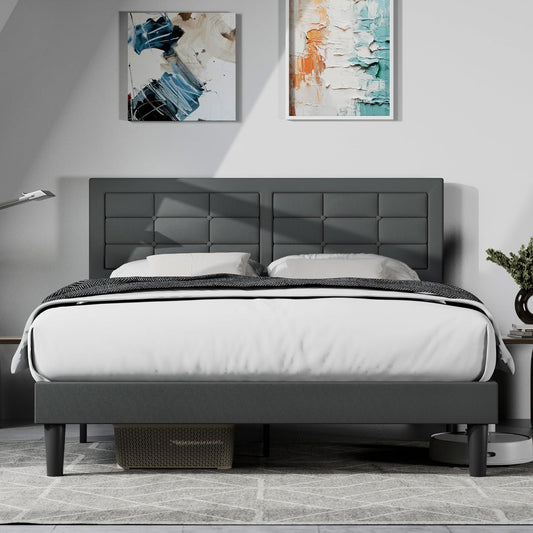 VECELO Queen Size Upholstered Bed Frame with Height Adjustable Fabric Headboard, Heavy-Duty Platform Bedframe/Mattress Foundation/Strong Wood Slat Support/No Box Spring Needed, Grey