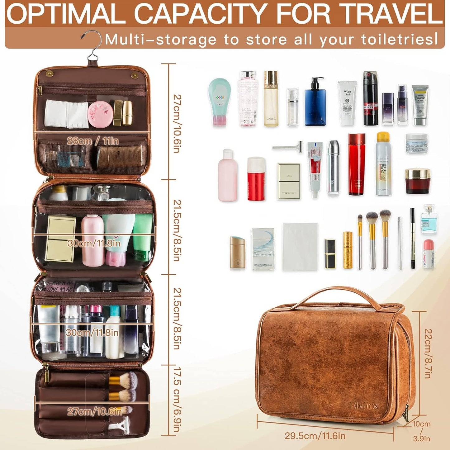 Elviros Hanging Toiletry Bag for Men and Women 3-in-1 Large Waterproof Travel Organizer PU Leather Makeup Bag Dopp Kit with Separate Compartments for Grooming Toiletries and Skincare Accessories