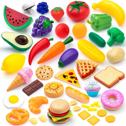 Joyin 50 PCS Play Food Set of Kitchen Toys, Dinnerware, Dummy Fruits, Vegetables, Plastic Accessories for Children Educational Learning Toy, Role Play Gift