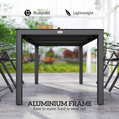 Outsunny Outdoor Dining Table for 6 People, 59" x 35" Rectangular Aluminum Patio Table with Tempered Glass Top and Height-Adjustable Feet for Garden, Balcony, Porch, Deck, Grey