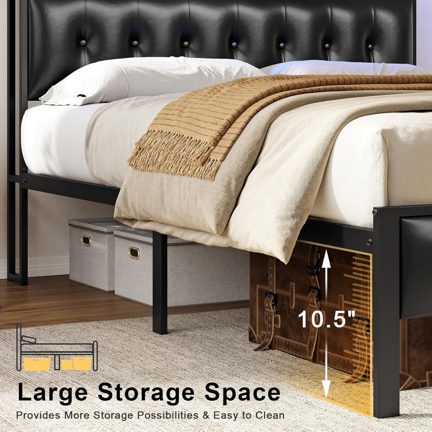 HAUSOURCE Queen Bed Frame with Storage Headboard LED Lights Charging Station Leather Upholstered Platform Bed Frame Queen Size with Non-Slip Without Noise No Box Spring Needed Black