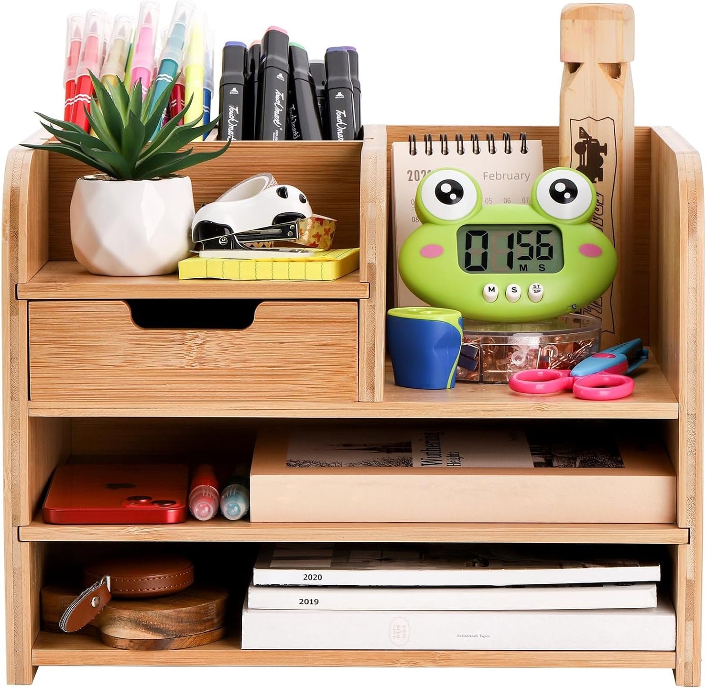 Frcctre Bamboo Desktop Organizer with Drawer, 3 Tier Wooden Desk File Document Organizer with Pen Holder, Tabletop Stationery Storage Organizer Storage Rack for Desk Accessories, Office Supplies