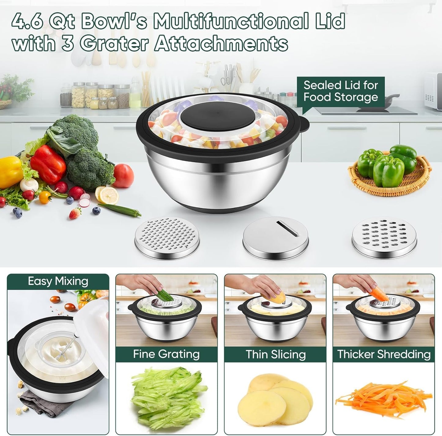 P&P CHEF Mixing Bowls with Lids Set of 3, 3 Pcs Stainless Steel Nesting Salad Bowls and Colander for Kitchen, 3 Grater Attachments & Non-Slip Bottoms, Visible & Airtight Lid, Black