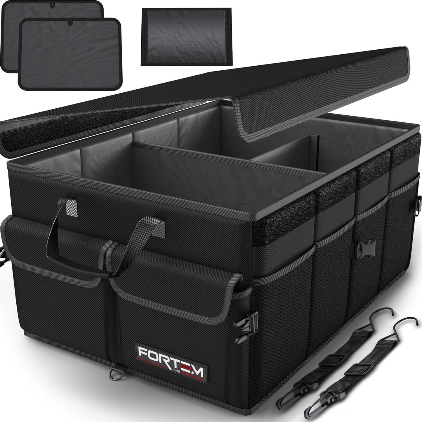 FORTEM Car Boot Organiser, Car Storage Organiser, Car Accessories, Collapsible Multi Compartment Car Organiser, Car Boot Tidy, Non Slip Bottom, Adjustable Securing Straps 50L (Black, Standard)