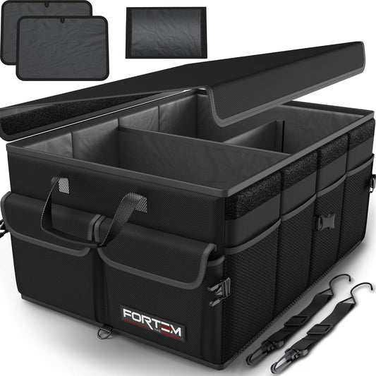 FORTEM Car Boot Organiser, Car Storage Organiser, Car Accessories, Collapsible Multi Compartment Car Organiser, Car Boot Tidy, Non Slip Bottom, Adjustable Securing Straps 50L (Black, Standard)