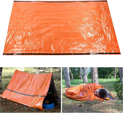 MOUMOUTEN Outdoor Camping Portable Emergency Tent, Aluminum Foil Composite Film Sleeping Bag Keep Warm Waterproof Orange Tent Shelter Survival Gear Space Blanket for Hiking Climbing