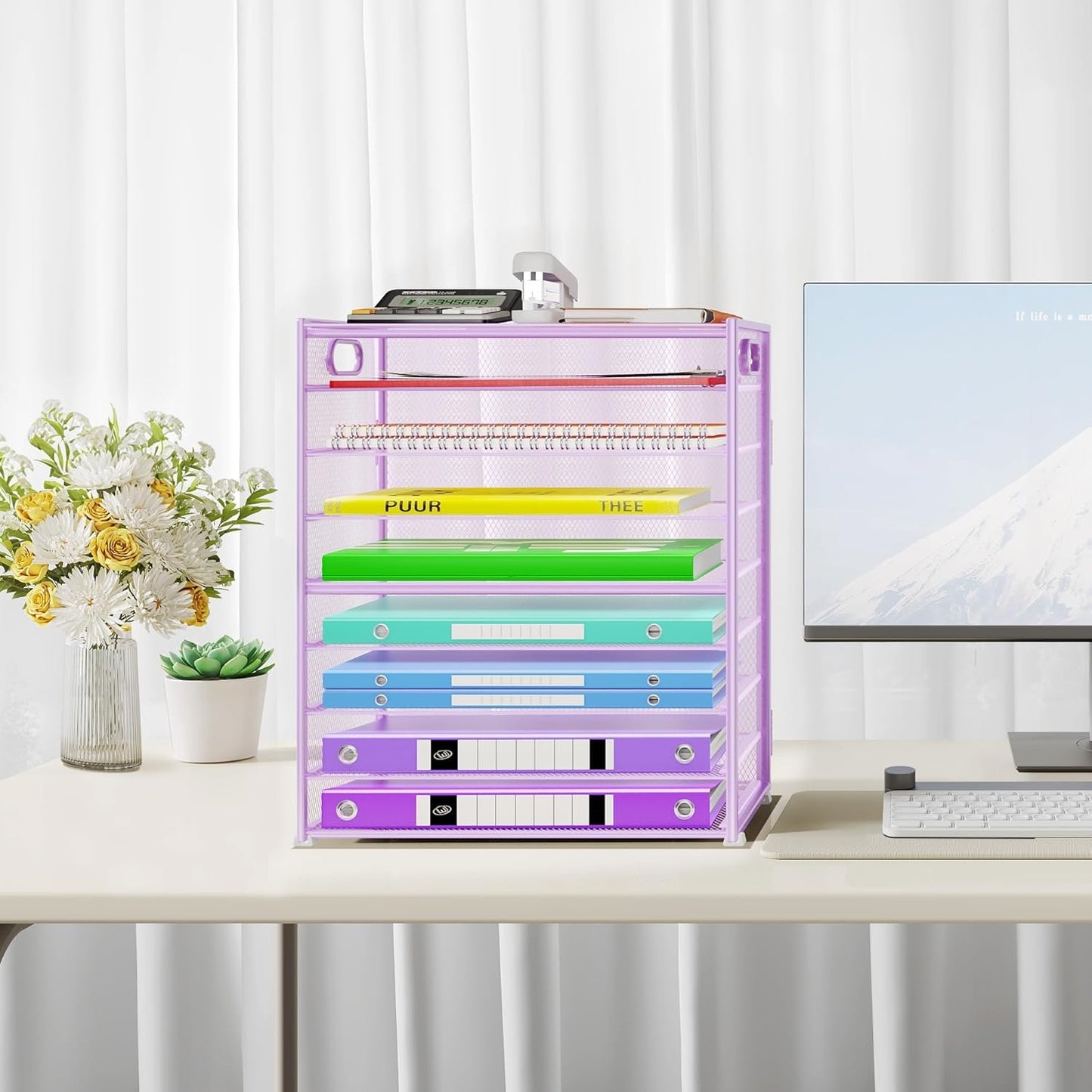 Cawukege 9 Tier Paper Organizer with Handle, Large Capacity Desk Organizer Mesh Paper Letter Tray File Folder Document Sorter for Classroom and Office Accessories Organization- Purple (2 Pack)