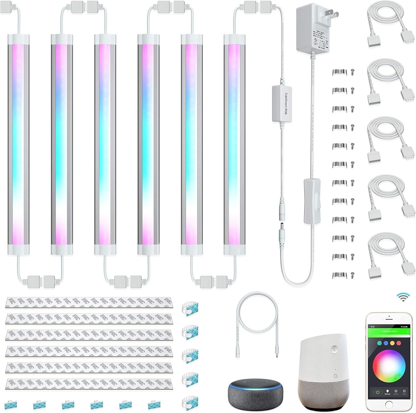 LED Smart Under Cabinet Ligts RGB Multi Color Compatible with Alexa, Google Home Voice Controlled Under Counter Strip Light App Control (6 Lights Bar Kit)