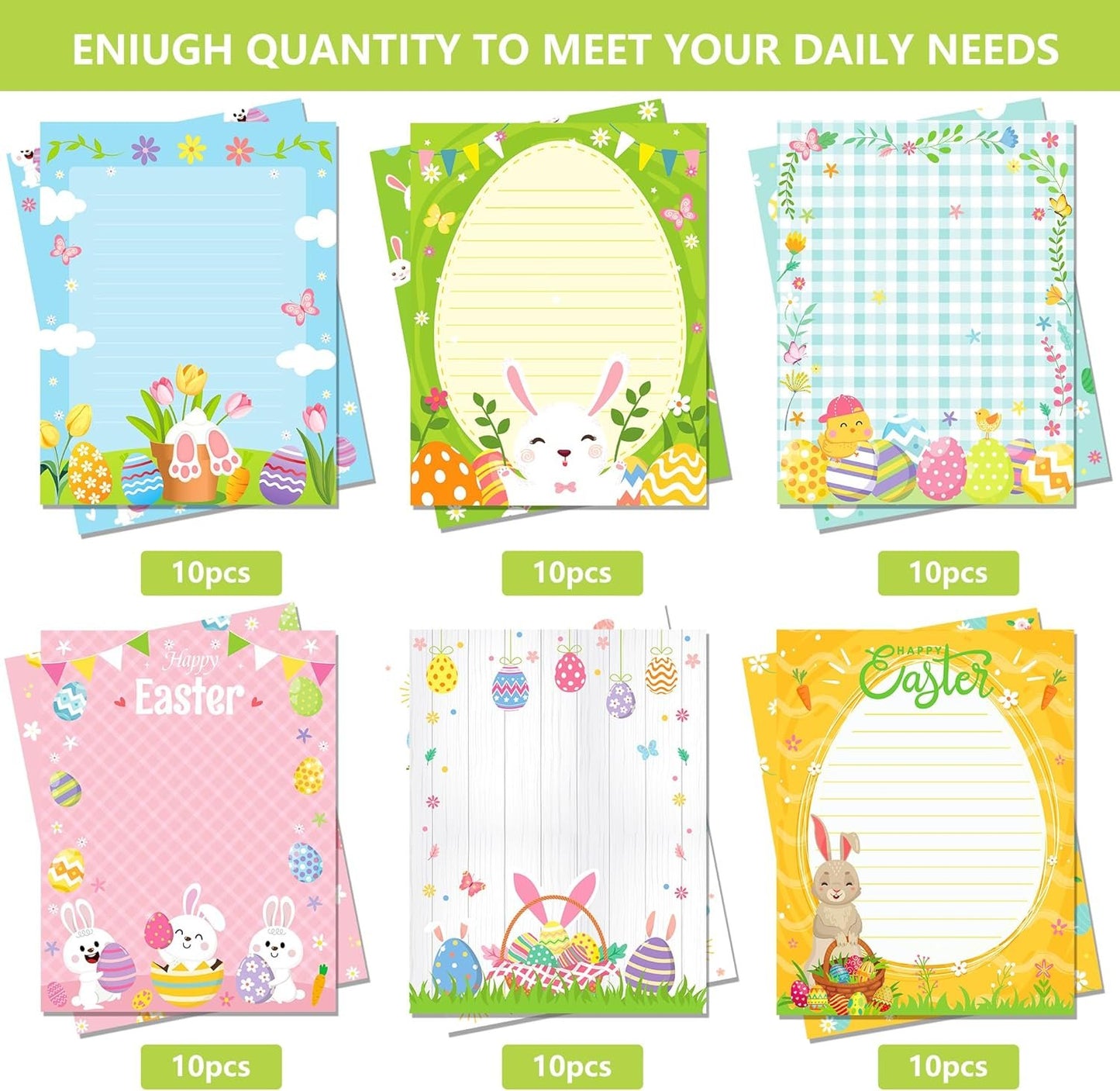GLKTOPO 60 Sheets Easter Stationery Paper, 8.5" x 11" Double Sided Holiday Letterhead, Multicolor Bunny Egg Pattern Writing Paper for Notes Cards Invitation Scrapbook Crafts to Do List - 6 Design