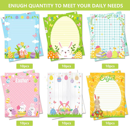 GLKTOPO 60 Sheets Easter Stationery Paper, 8.5" x 11" Double Sided Holiday Letterhead, Multicolor Bunny Egg Pattern Writing Paper for Notes Cards Invitation Scrapbook Crafts to Do List - 6 Design