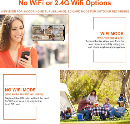 4K Spy Camera, UCOCARE WiFi or No WiFi Options Security Camera, Mini Camera with 32GB Memory Card, Wire-Free Portable, Smart Motion Detection, 150Â° Wide View Angle, Nanny Cam, Night Vision(Black)