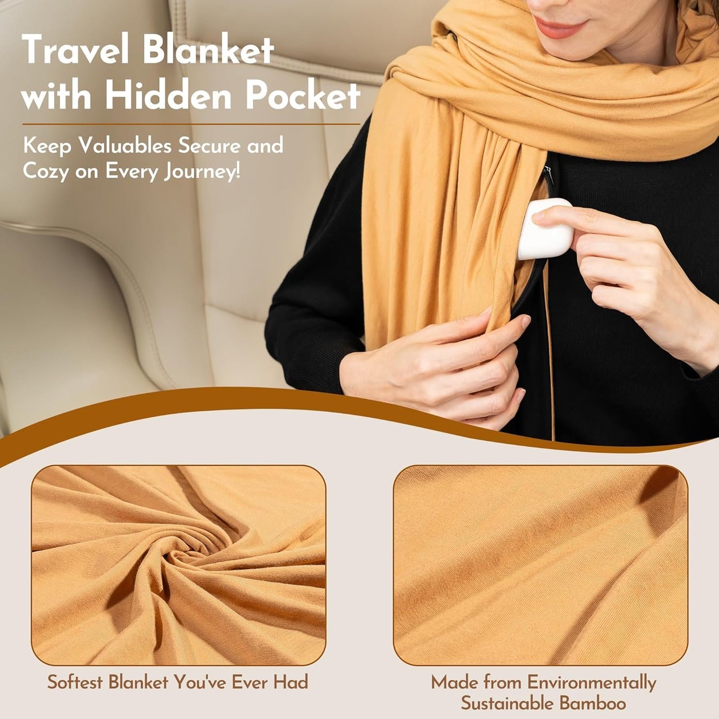 16-in-1 Compact Travel Blanket with Bag – Reversible, Ultra Soft Bamboo Airplane Blanket with Hidden Pocket - Packable for Flights, Camping, Picnic, Travel Essentials