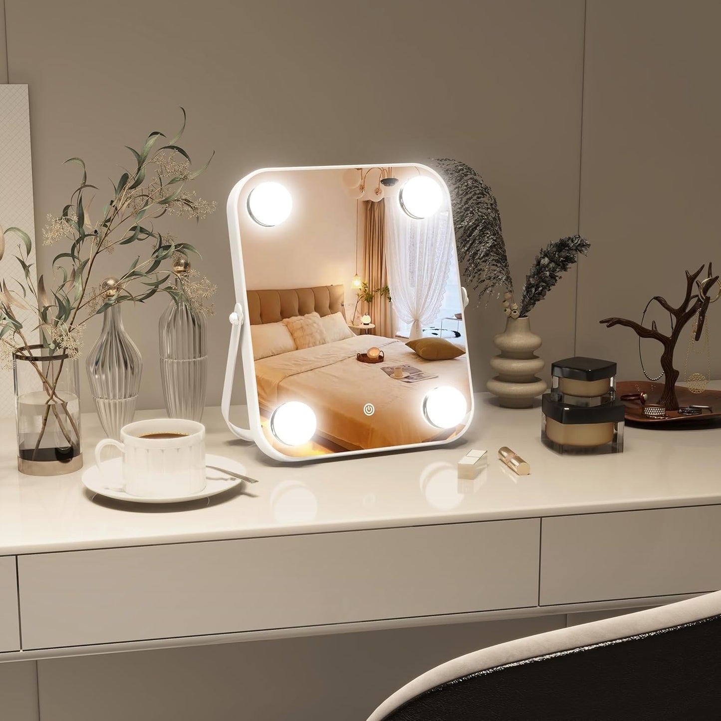 Hollywood Vanity Mirror with Dimmable LED Lighting, Smart Touch Control & U-Shaped Bracket - Portable Tabletop Makeup Mirror for Travel, Home (White)