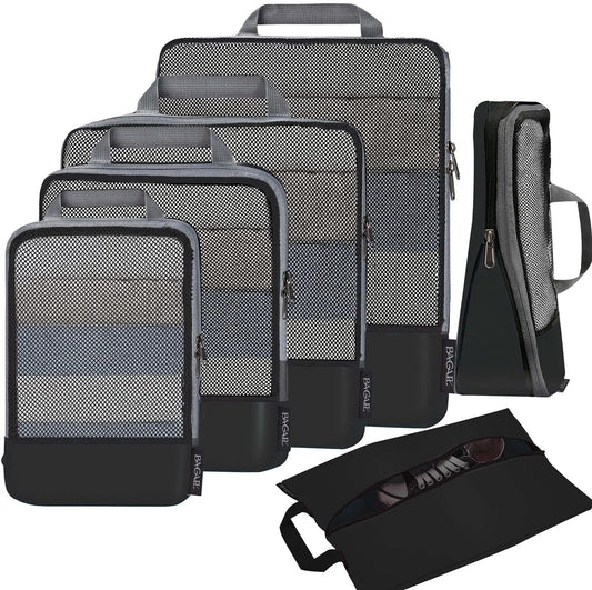 BAGAIL 4 Set/6 Set Compression Packing Cubes Travel Accessories Expandable Packing Organizers (Black Mesh, 6 Set)