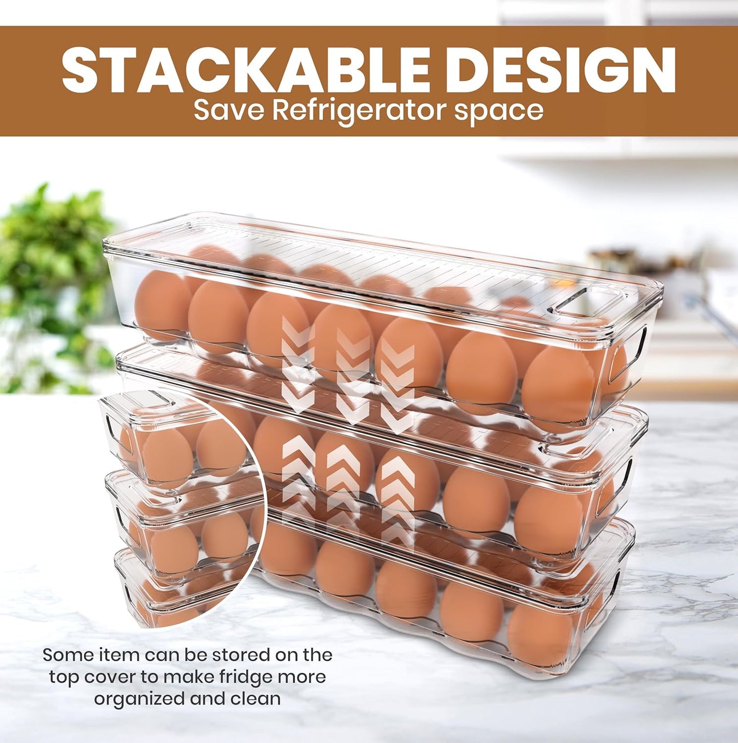 Utopia Home Egg Container With Lid and Handle for Refrigerator - Pack of 3 - Clear Stackable Egg Holder for Kitchen Storage and organization