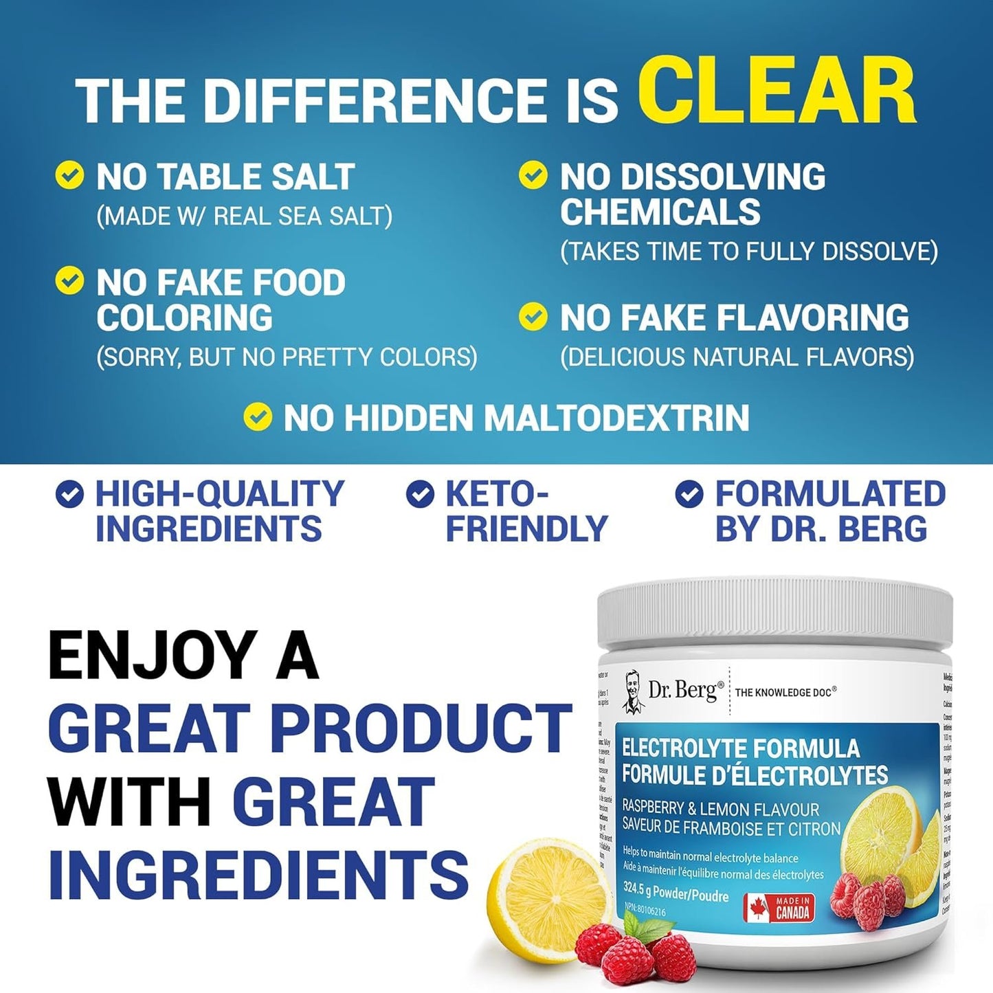 Dr. Berg Electrolytes Powder No Sugar - Enhanced w/ 1000 mg of Potassium & Real Sea Salt - Zero Sugar Electrolyte Powder - Raspberry & Lemon Flavor Hydration Powder Electrolytes - 50 Servings