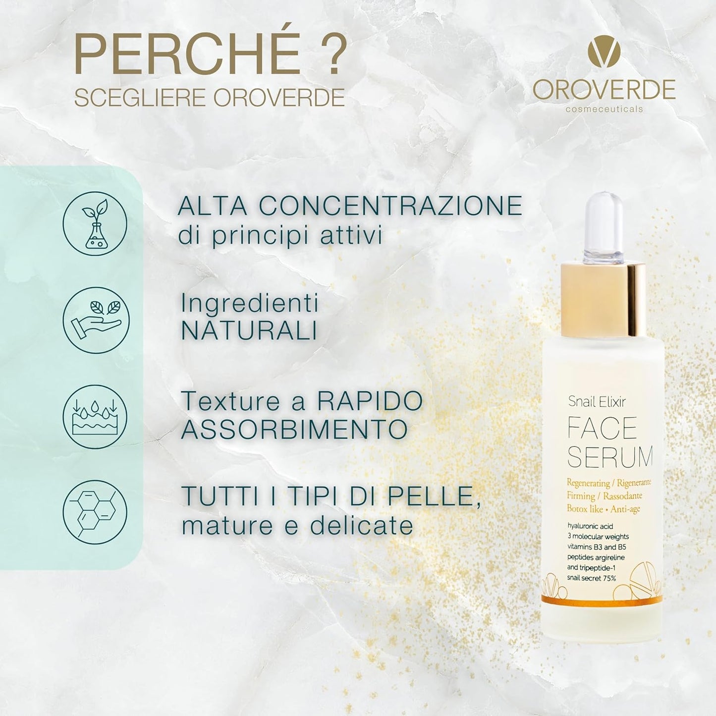OROVERDE cosmeceuticals Snail Elixir Face Serum 30 ml, Intensive Anti-Age Face Serum Botox Effect - 75% Italian Snail Slime, Hyaluronic Acid 3 Molecular Weights, Peptides, Vitamins B3 and B5, Centella