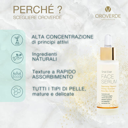 OROVERDE cosmeceuticals Snail Elixir Face Serum 30 ml, Intensive Anti-Age Face Serum Botox Effect - 75% Italian Snail Slime, Hyaluronic Acid 3 Molecular Weights, Peptides, Vitamins B3 and B5, Centella